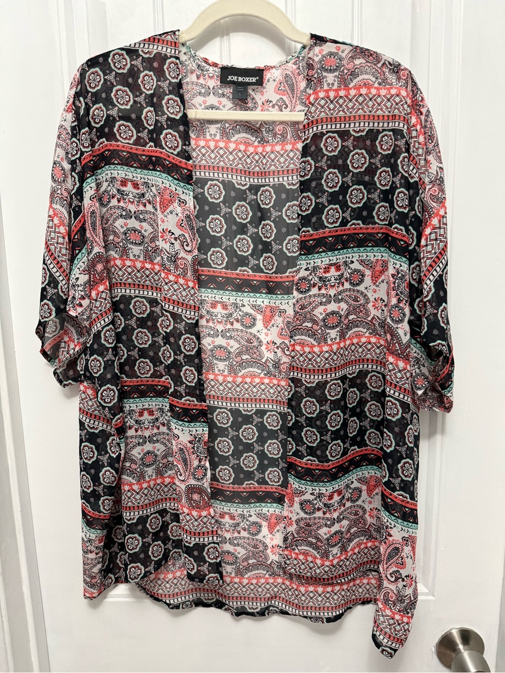 Joe Boxer Women's Black/White/Red Boho Kimono Style Cardigan Sz Large (23-3)